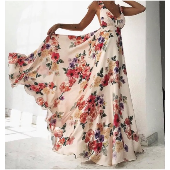 Floral Print Shoulder Tie backless Bridal Wedding Summer Maxi Dress - Picture 3 of 11